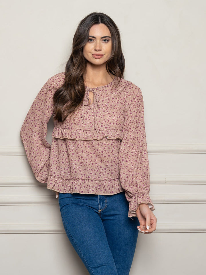 WOMEN'S LONG SLEEVE FLORAL WOVEN TOP