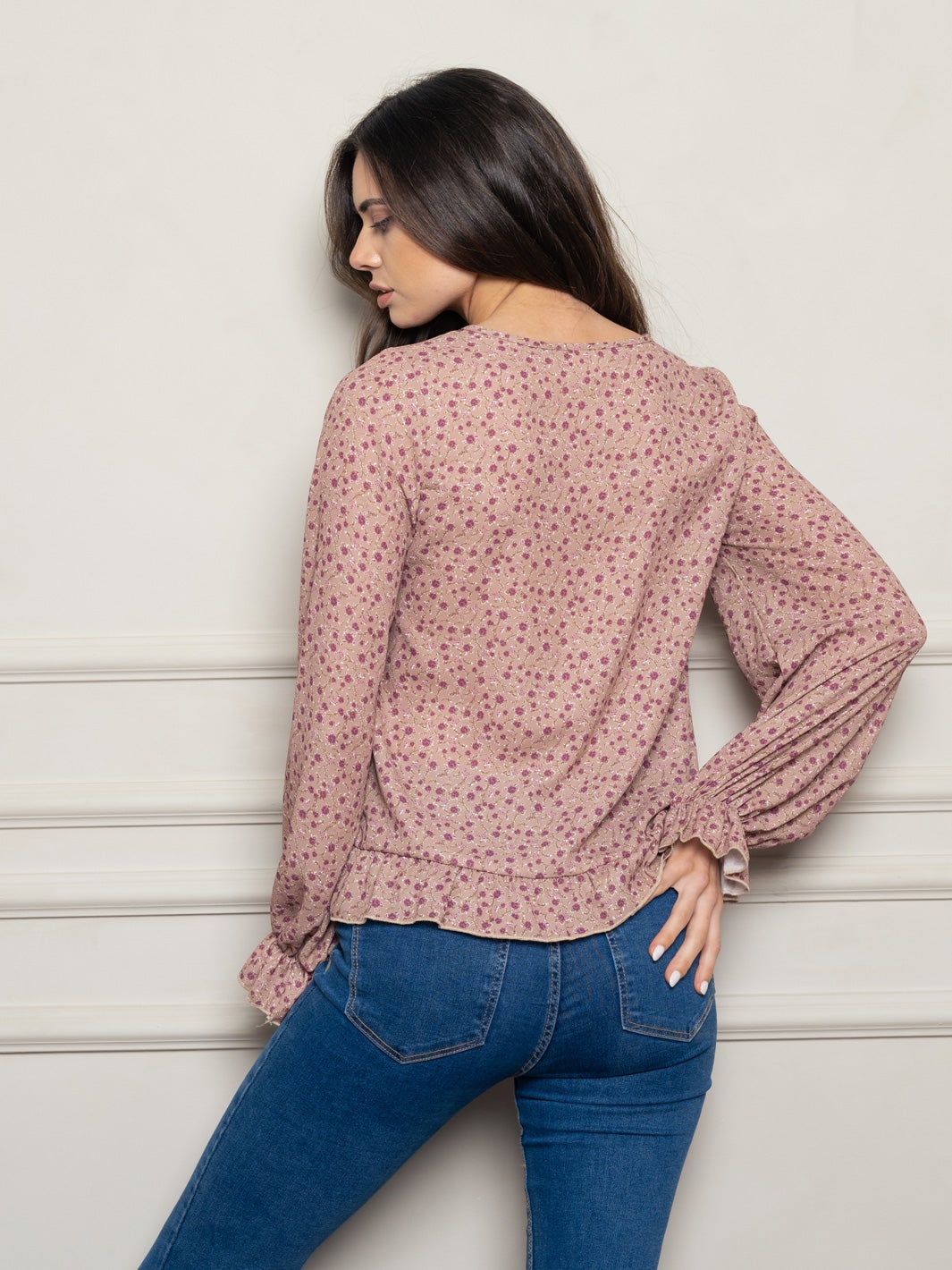 WOMEN'S LONG SLEEVE FLORAL WOVEN TOP