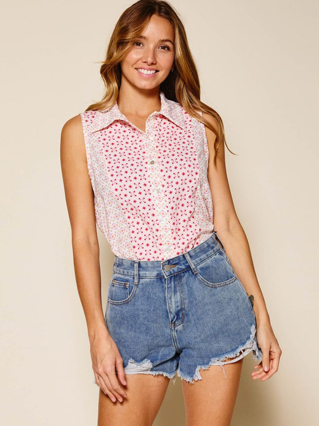 WOMEN'S BUTTON UP MULTI PRINT TOP