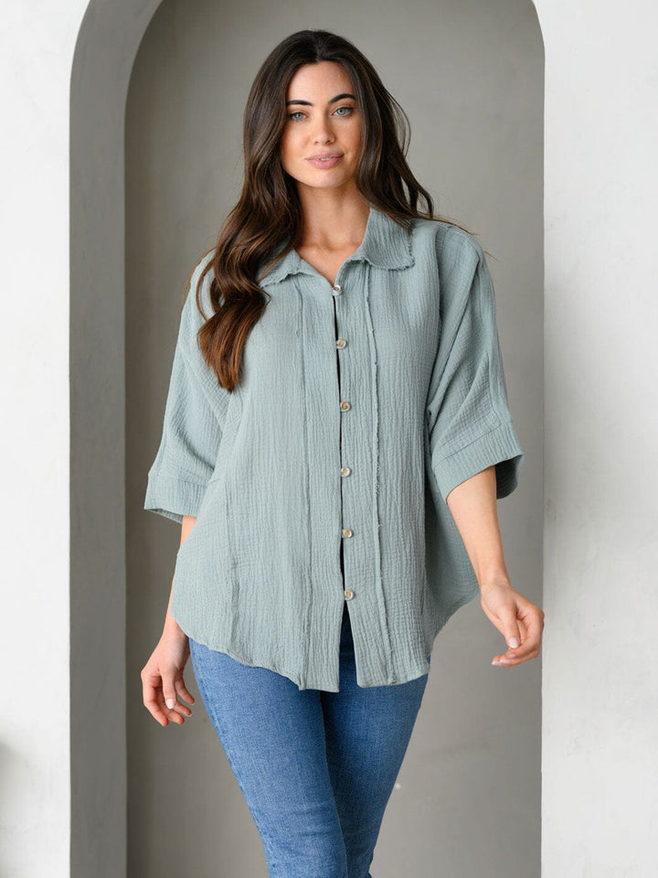 WOMEN'S SHORT SLEEVE BUTTON UP LOOSE FIT TOP