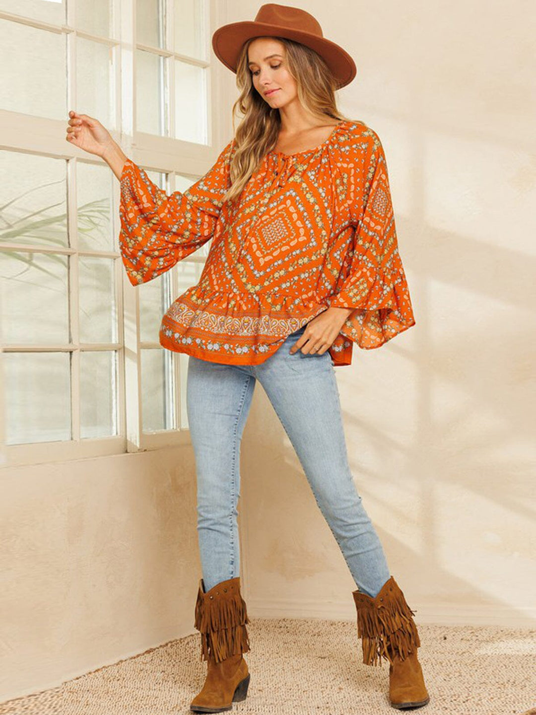 WOMEN'S LONG SLEEVE RUFFLE TUNIC MULTI PRINT TOP