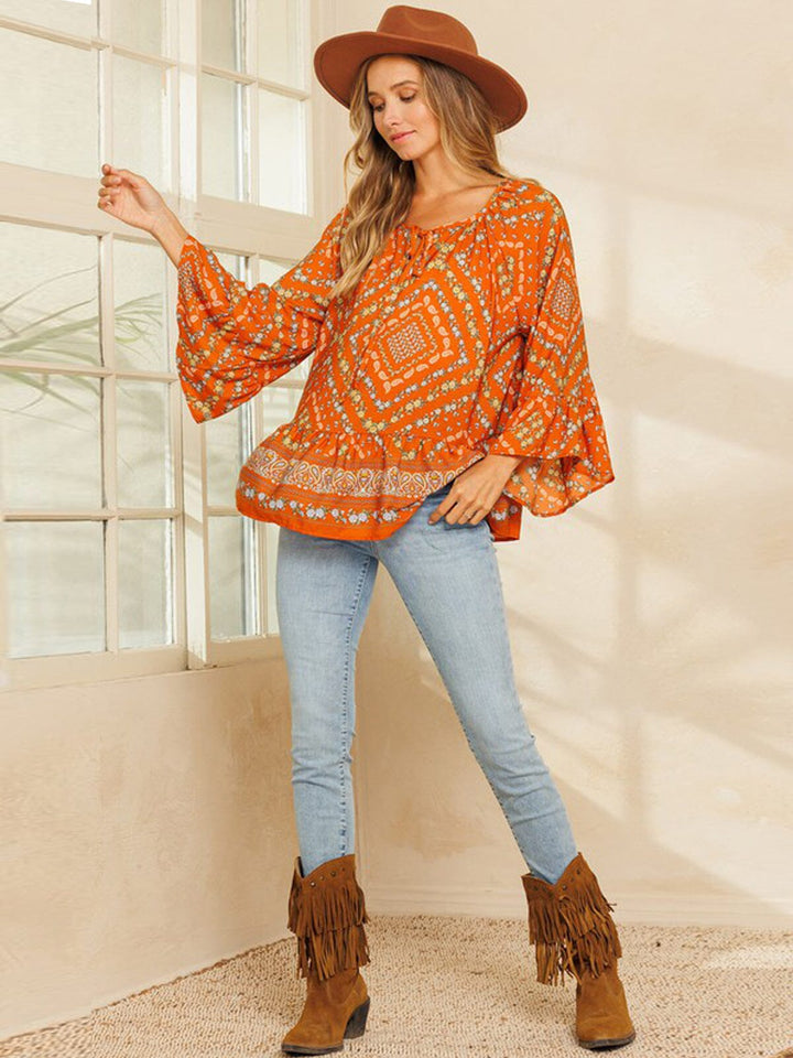 WOMEN'S LONG SLEEVE RUFFLE TUNIC MULTI PRINT TOP