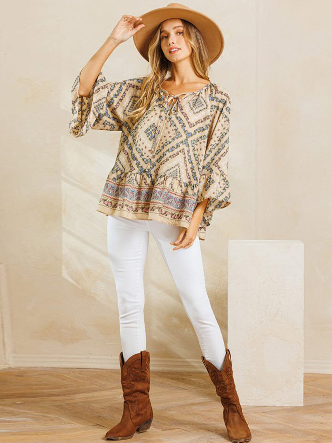 WOMEN'S LONG SLEEVE RUFFLE TUNIC MULTI PRINT TOP