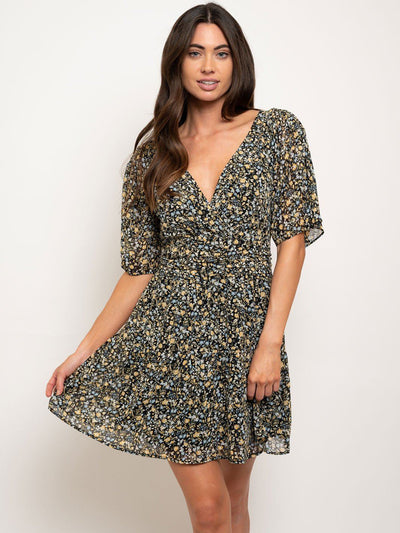 WOMEN'S SHORT SLEEVE SURPLICE V-NECK MINI DRESS
