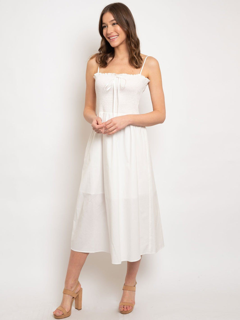 WOMEN'S SMOCKED BODICE W/ ADJUSTABLE TIE FRONT MIDI DAY DRESS