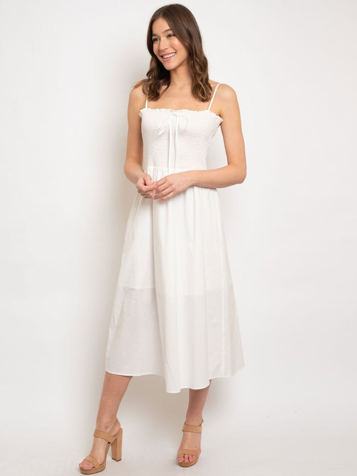 WOMEN'S SMOCKED BODICE W/ ADJUSTABLE TIE FRONT MIDI DAY DRESS