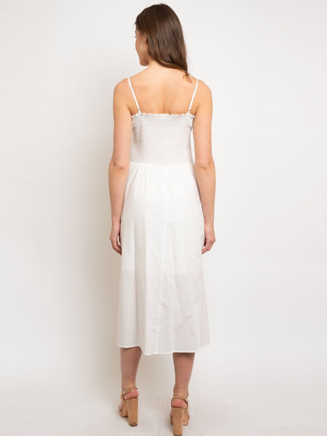 WOMEN'S SMOCKED BODICE W/ ADJUSTABLE TIE FRONT MIDI DAY DRESS