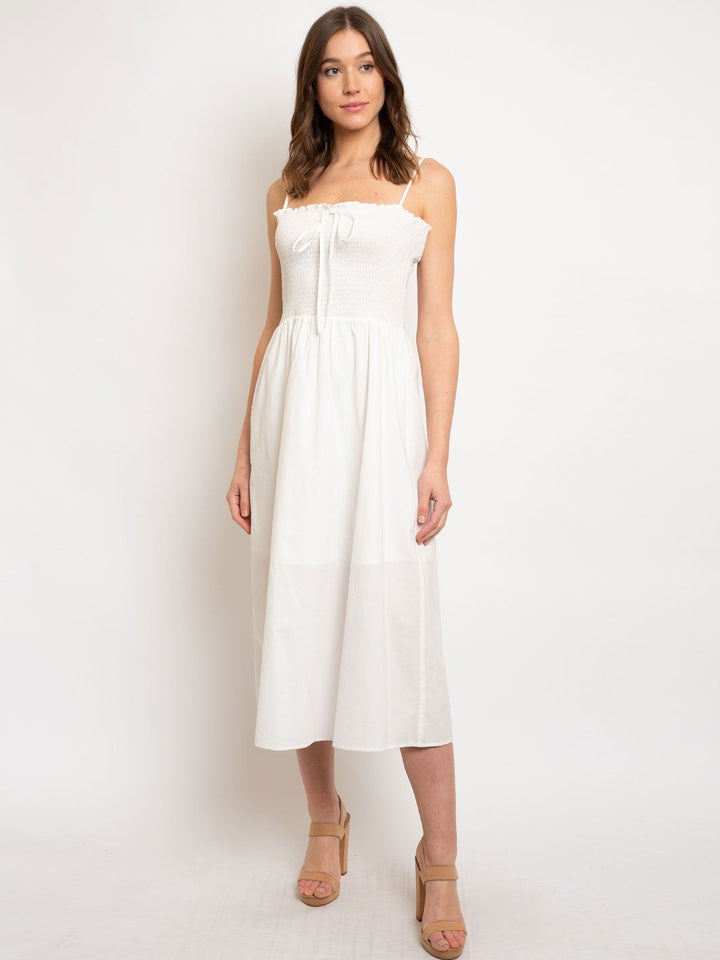 WOMEN'S SMOCKED BODICE W/ ADJUSTABLE TIE FRONT MIDI DAY DRESS