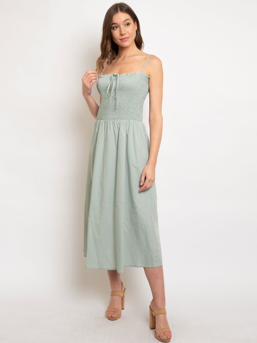 WOMEN'S SMOCKED BODICE W/ ADJUSTABLE TIE FRONT MIDI DAY DRESS