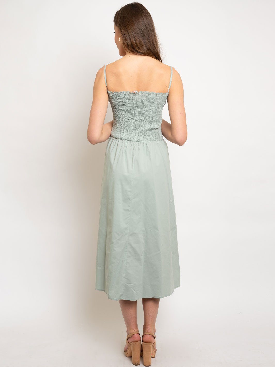 WOMEN'S SMOCKED BODICE W/ ADJUSTABLE TIE FRONT MIDI DAY DRESS