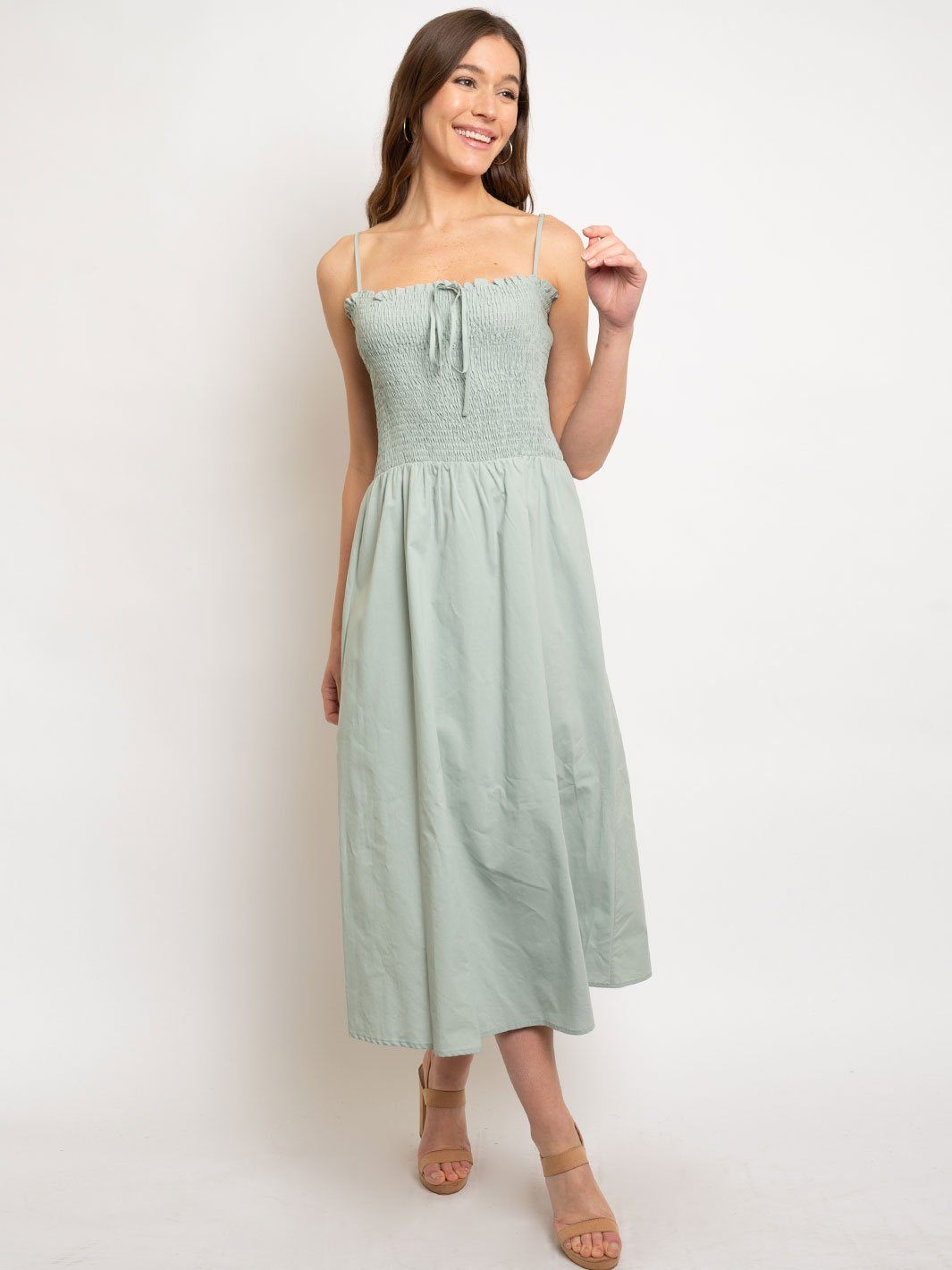 WOMEN'S SMOCKED BODICE W/ ADJUSTABLE TIE FRONT MIDI DAY DRESS