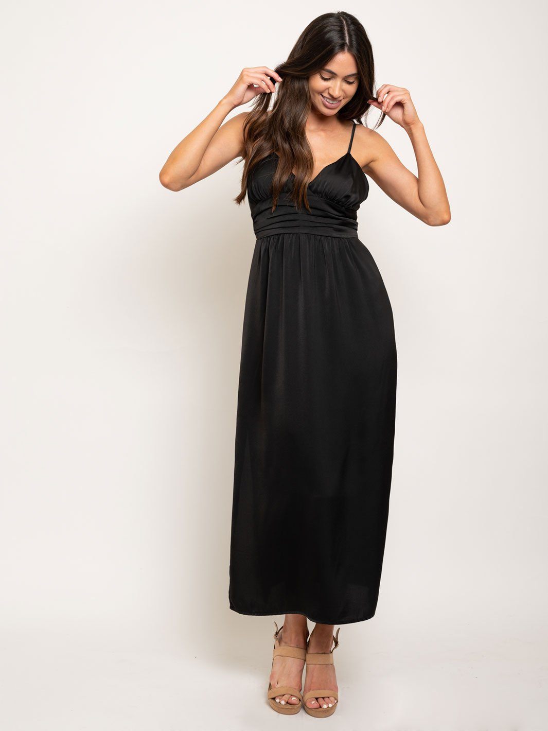 WOMEN'S SATIN LONG SLIP PLEATED WAISTBAND MAXI DRESS