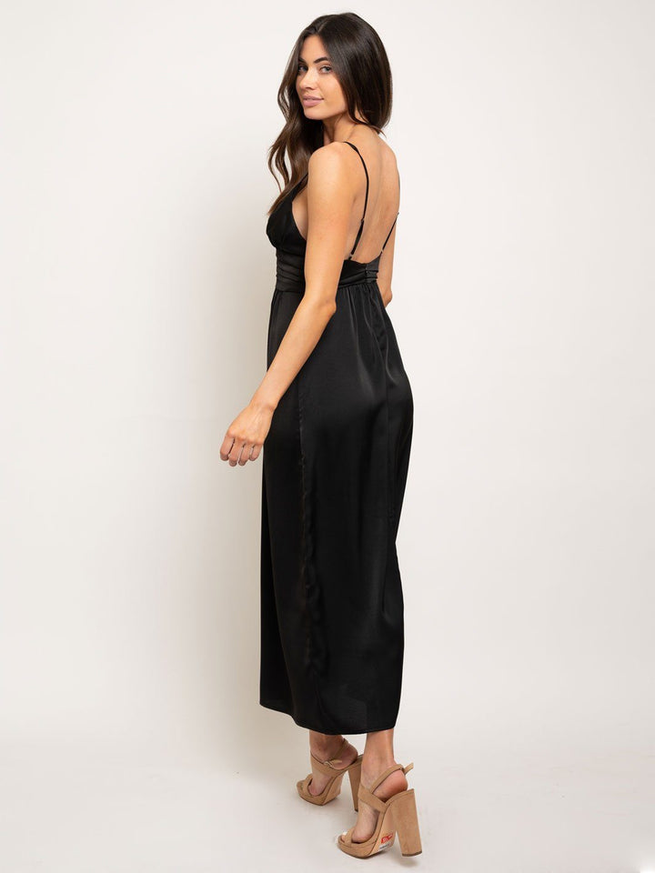 WOMEN'S SATIN LONG SLIP PLEATED WAISTBAND MAXI DRESS