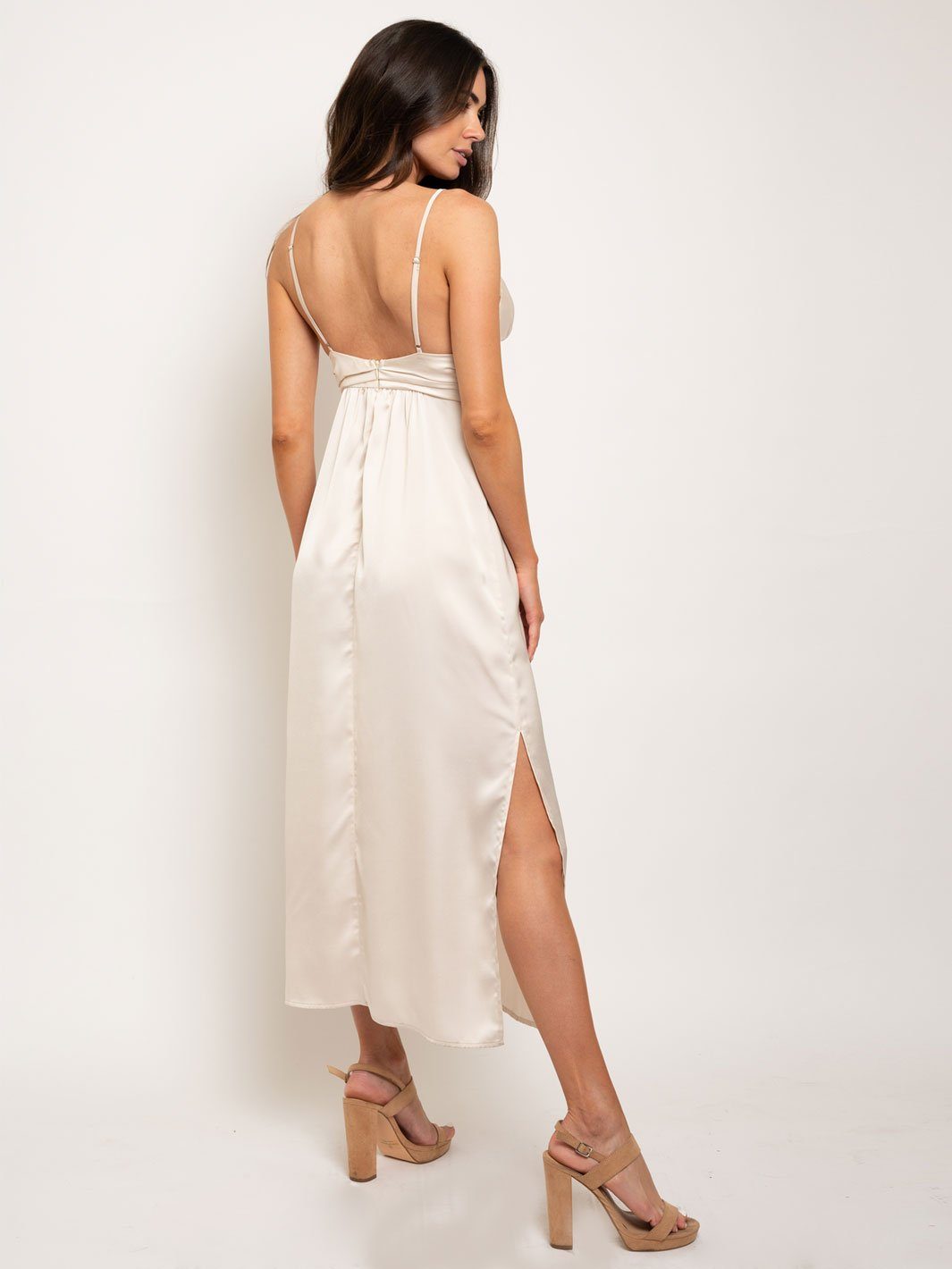 WOMEN'S SATIN LONG SLIP PLEATED WAISTBAND MAXI DRESS