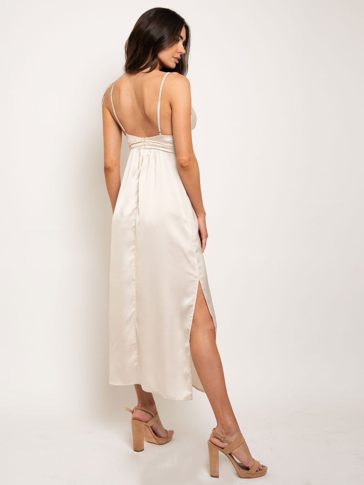WOMEN'S SATIN LONG SLIP PLEATED WAISTBAND MAXI DRESS