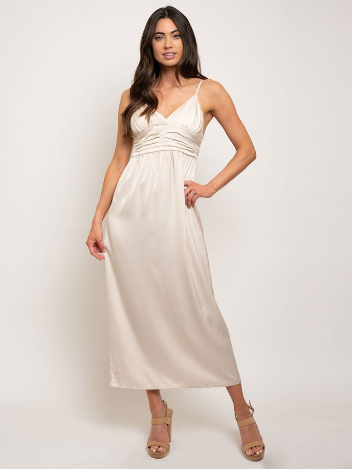WOMEN'S SATIN LONG SLIP PLEATED WAISTBAND MAXI DRESS