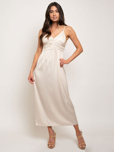 WOMEN'S SATIN LONG SLIP PLEATED WAISTBAND MAXI DRESS