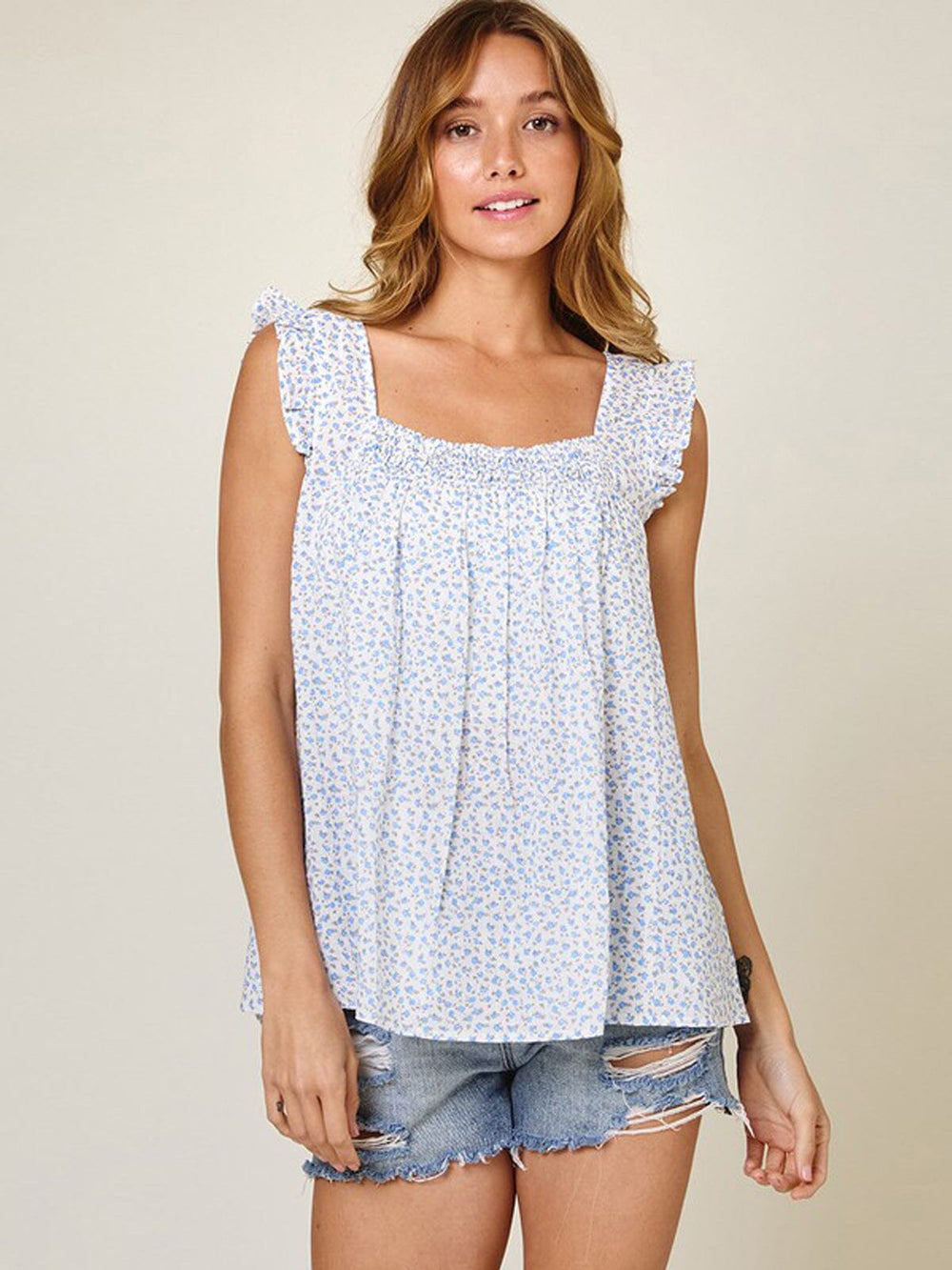 WOMEN'S SLEEVELESS SMOCK NECK DITSY FLORAL TUNIC TANK TOP