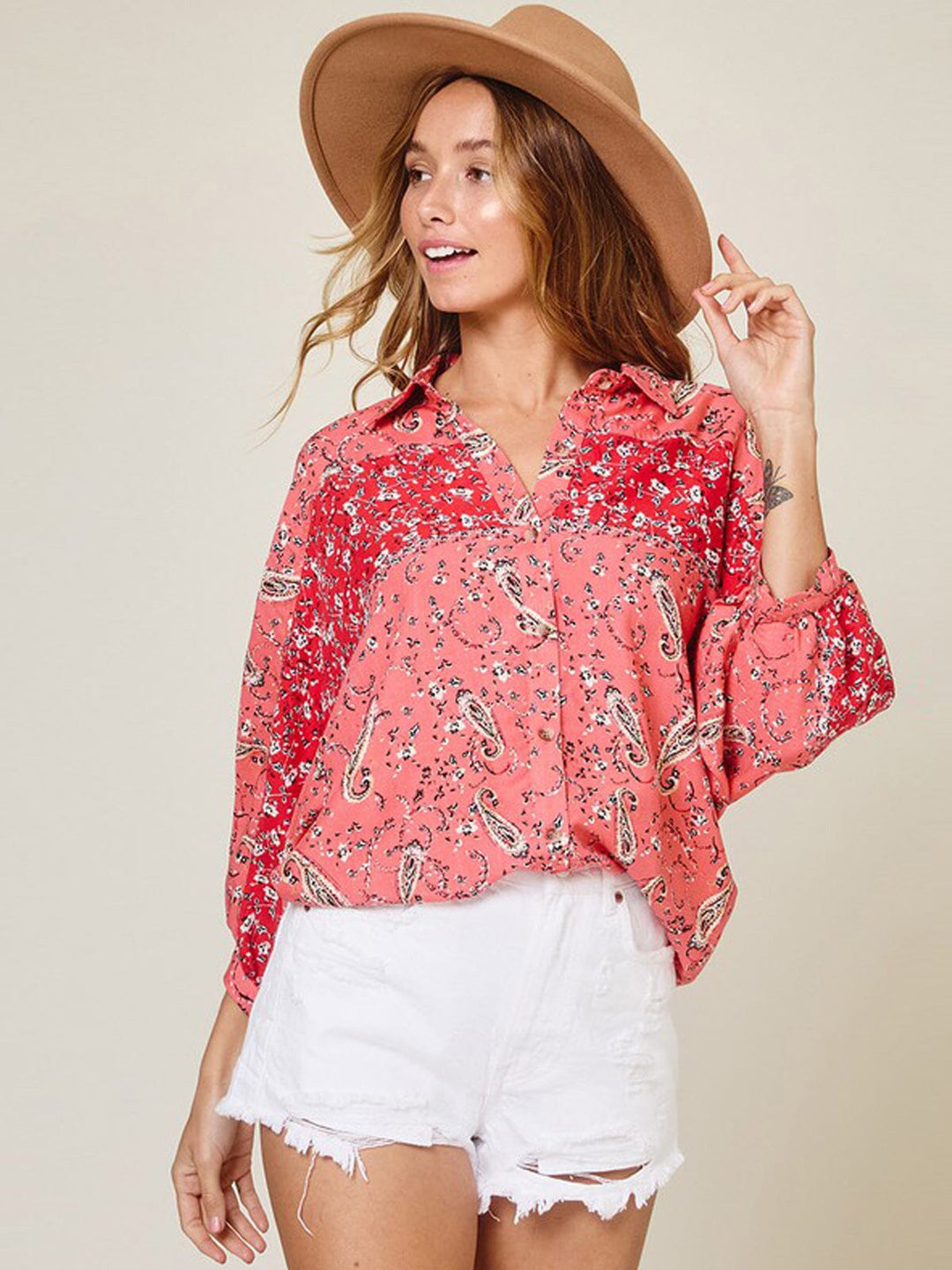 WOMEN'S 3/4 SLEEVE BUTTON UP MULTI PRINT TUNIC TOP