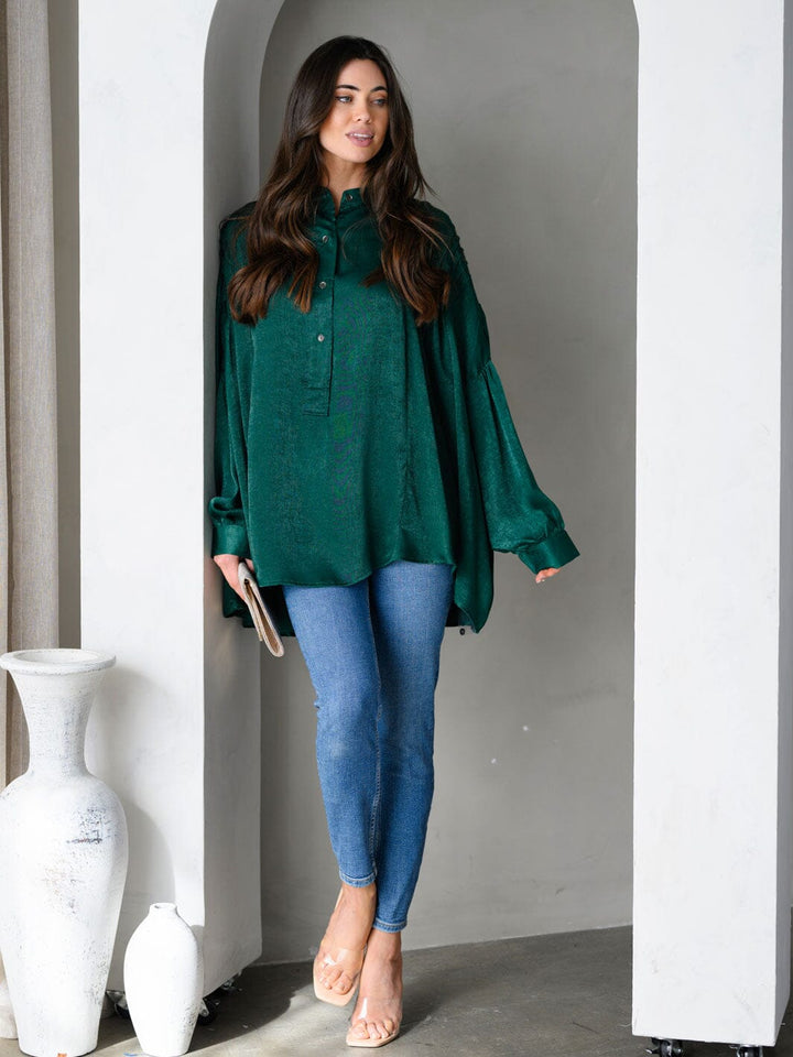 WOMEN'S LONG SLEEVE BUTTON UP LOOSE FIT SATIN TOP