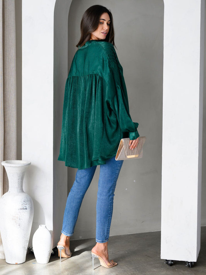 WOMEN'S LONG SLEEVE BUTTON UP LOOSE FIT SATIN TOP