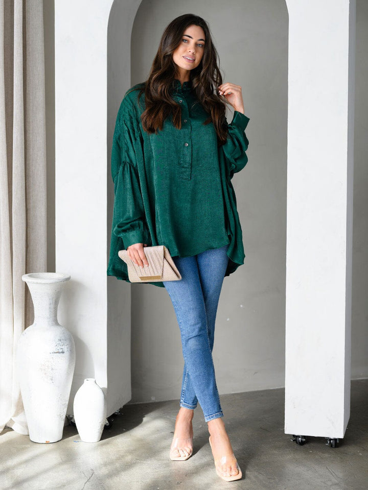 WOMEN'S LONG SLEEVE BUTTON UP LOOSE FIT SATIN TOP