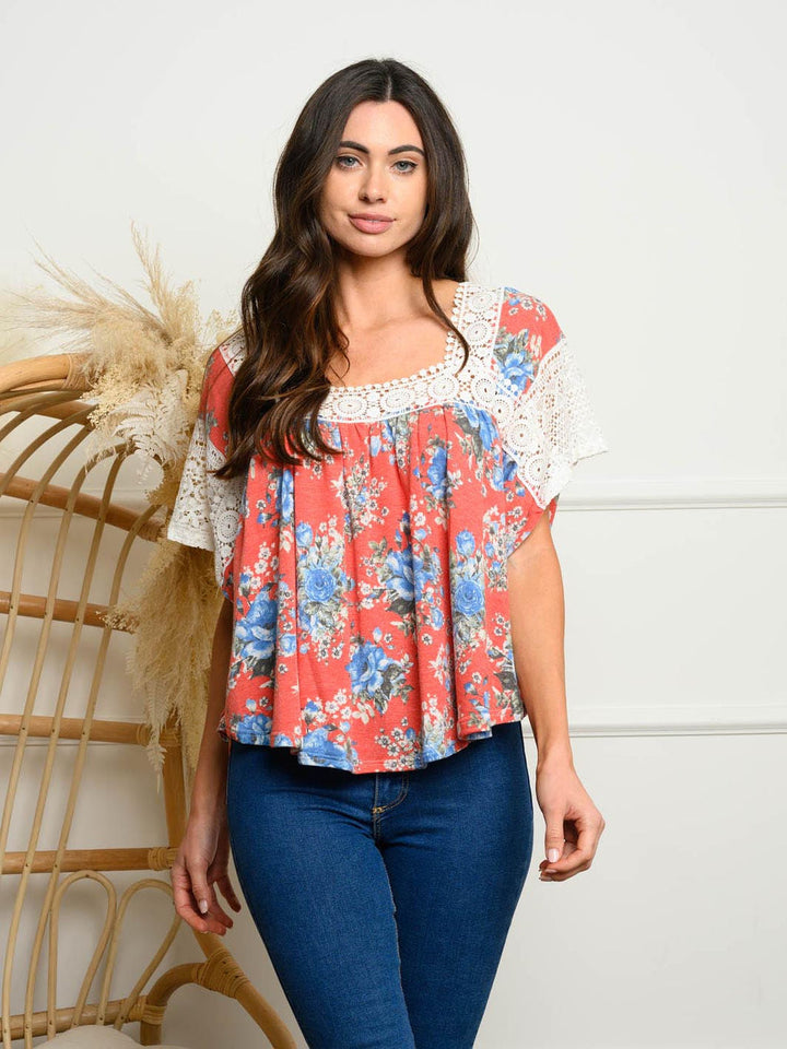 WOMEN'S SHORT SLEEVE FLORAL TUNIC TOP