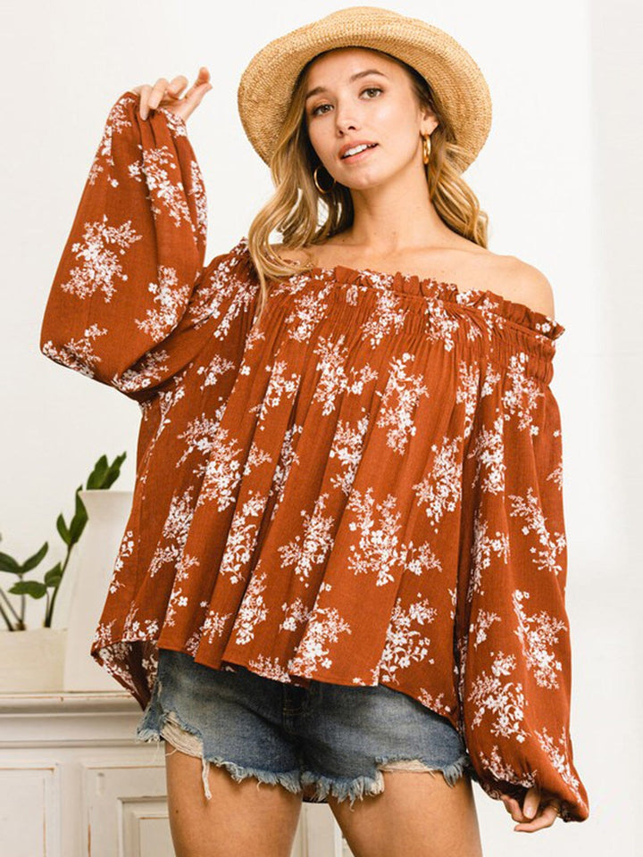 WOMEN'S LONG SLEEVE OFF SHOULDER SMOCK FLORAL TUNIC TOP