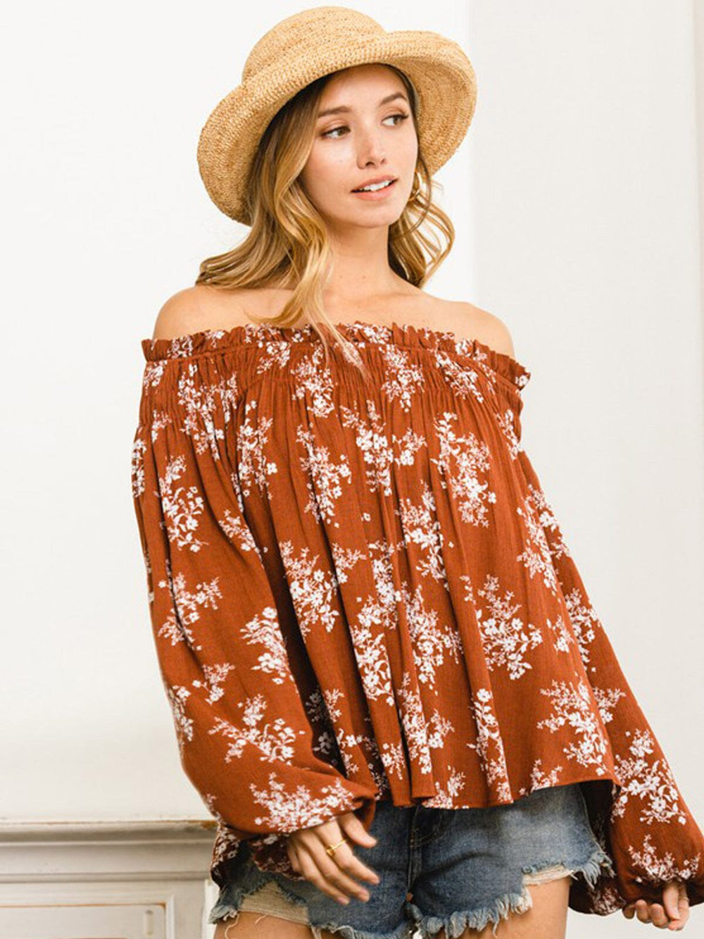 WOMEN'S LONG SLEEVE OFF SHOULDER SMOCK FLORAL TUNIC TOP