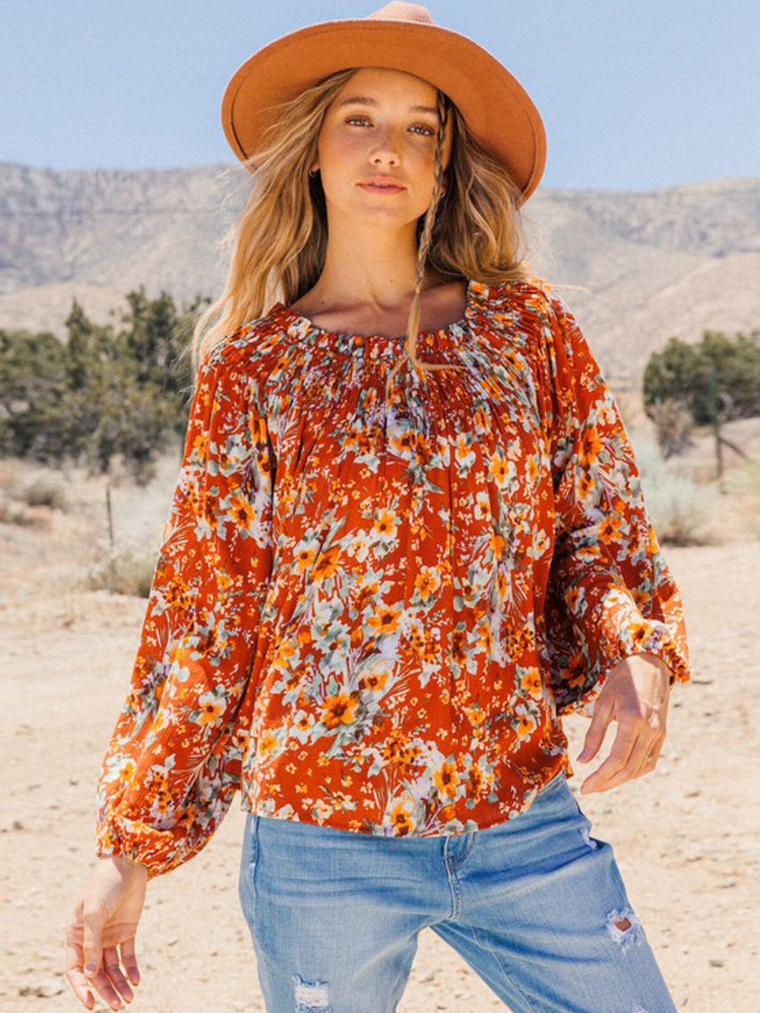 WOMEN'S LONG SLEEVE OFF SHOULDER SMOCK FLORAL TUNIC TOP