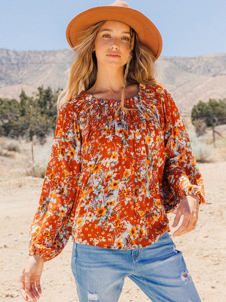 WOMEN'S LONG SLEEVE OFF SHOULDER SMOCK FLORAL TUNIC TOP