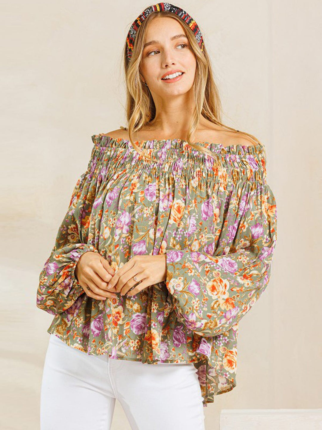 WOMEN'S LONG SLEEVE OFF SHOULDER SMOCK FLORAL TUNIC TOP