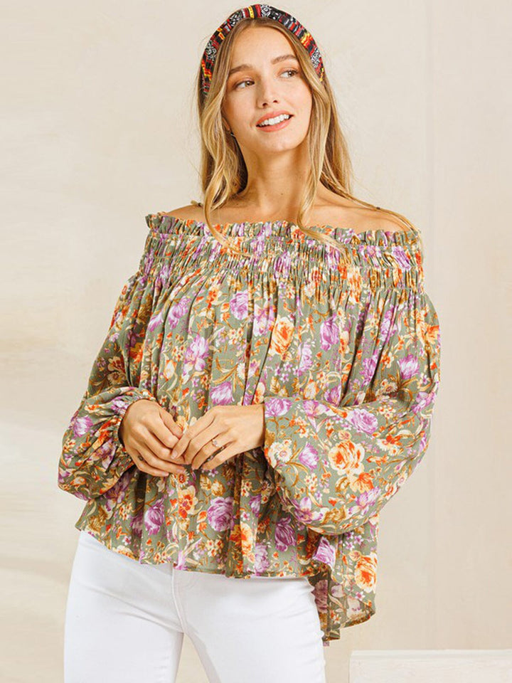 WOMEN'S LONG SLEEVE OFF SHOULDER SMOCK FLORAL TUNIC TOP