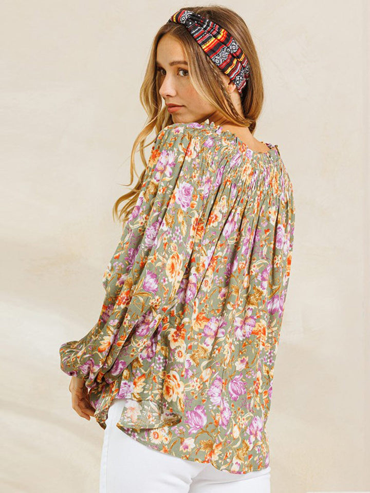 WOMEN'S LONG SLEEVE OFF SHOULDER SMOCK FLORAL TUNIC TOP