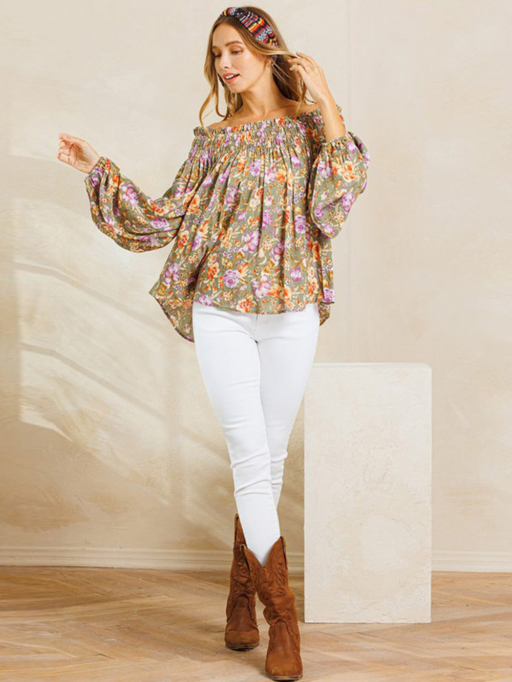 WOMEN'S LONG SLEEVE OFF SHOULDER SMOCK FLORAL TUNIC TOP