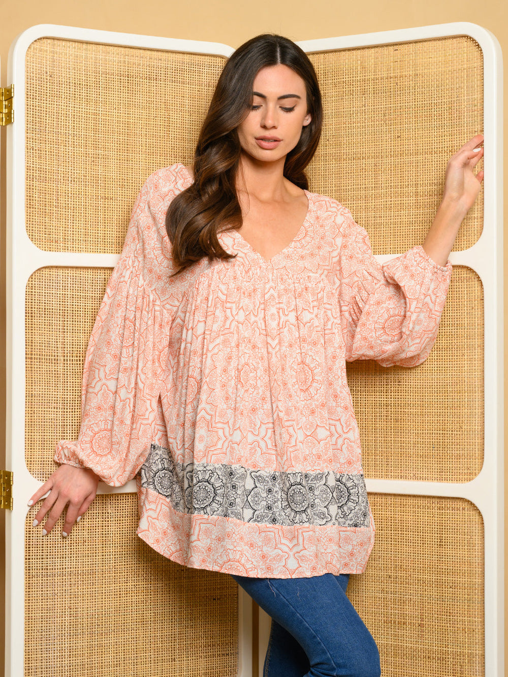 WOMEN'S LONG BELL SLEEVE V-NECK TUNIC TOP
