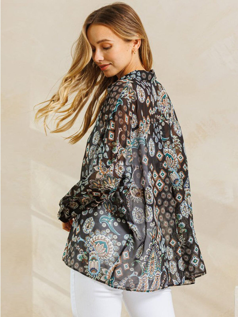 WOMEN'S LONG SLEEVE BUTTON UP MULTI PRINT TOP – Wholesalefashiontrends.com
