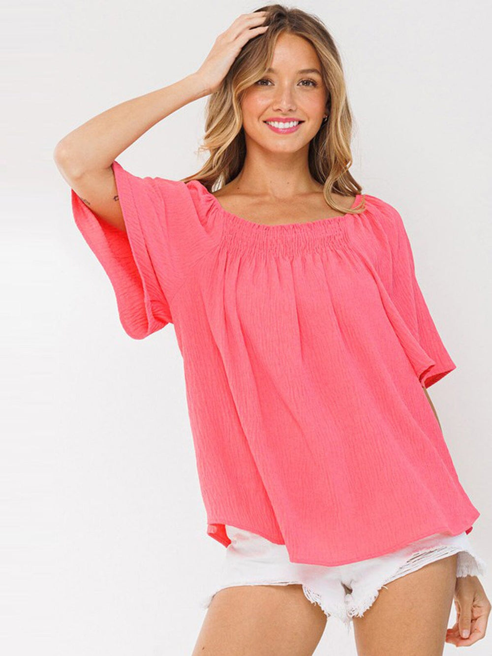 WOMEN'S SHORT SLEEVE SMOCK NECK LOOSE FIT TOP