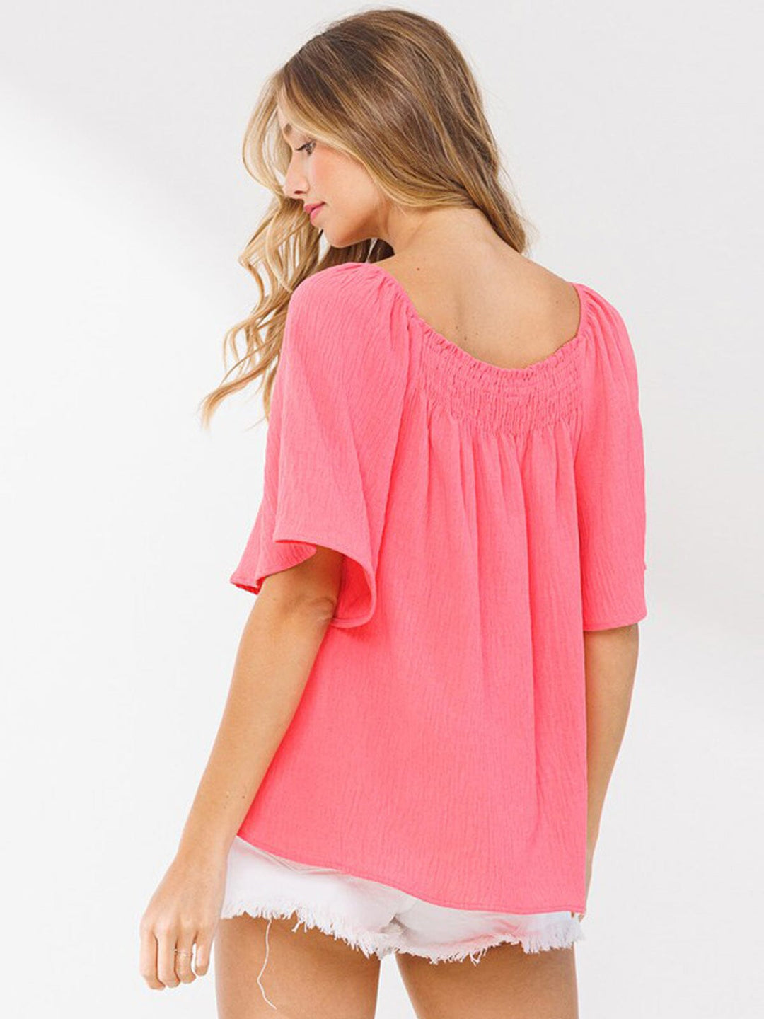 WOMEN'S SHORT SLEEVE SMOCK NECK LOOSE FIT TOP