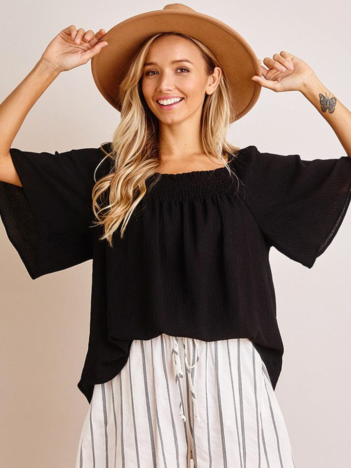 WOMEN'S SHORT SLEEVE SMOCK NECK LOOSE FIT TOP