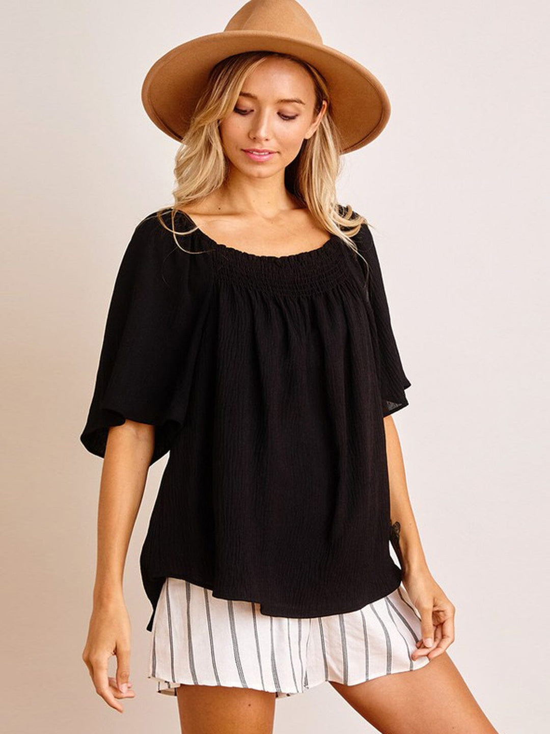 WOMEN'S SHORT SLEEVE SMOCK NECK LOOSE FIT TOP