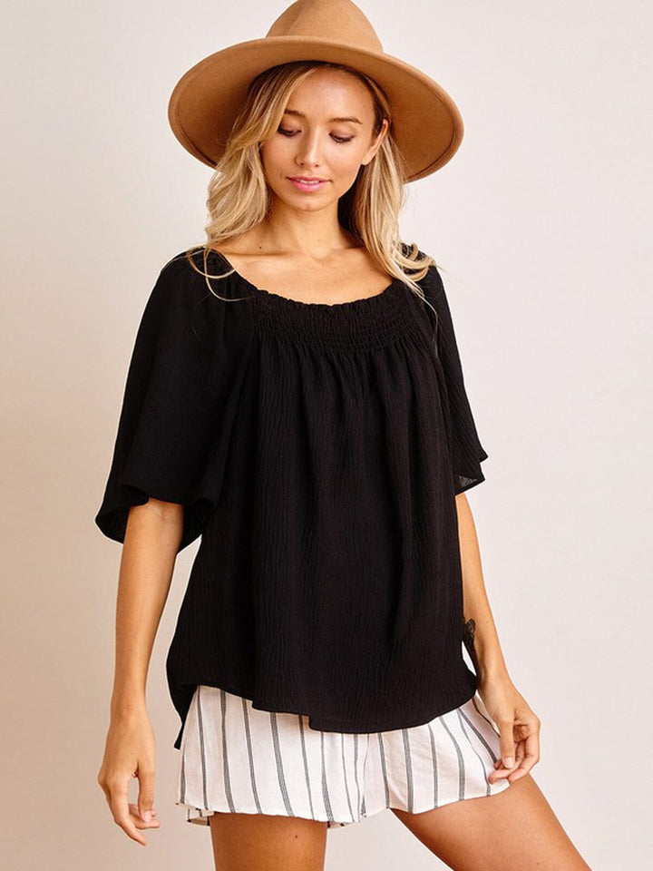 WOMEN'S SHORT SLEEVE SMOCK NECK LOOSE FIT TOP