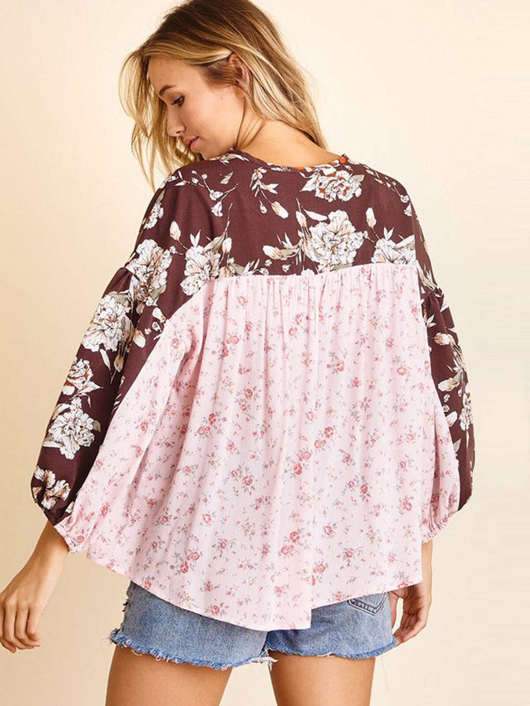 WOMEN'S LONG SLEEVE FRONT TIE FLORAL TUNIC TOP