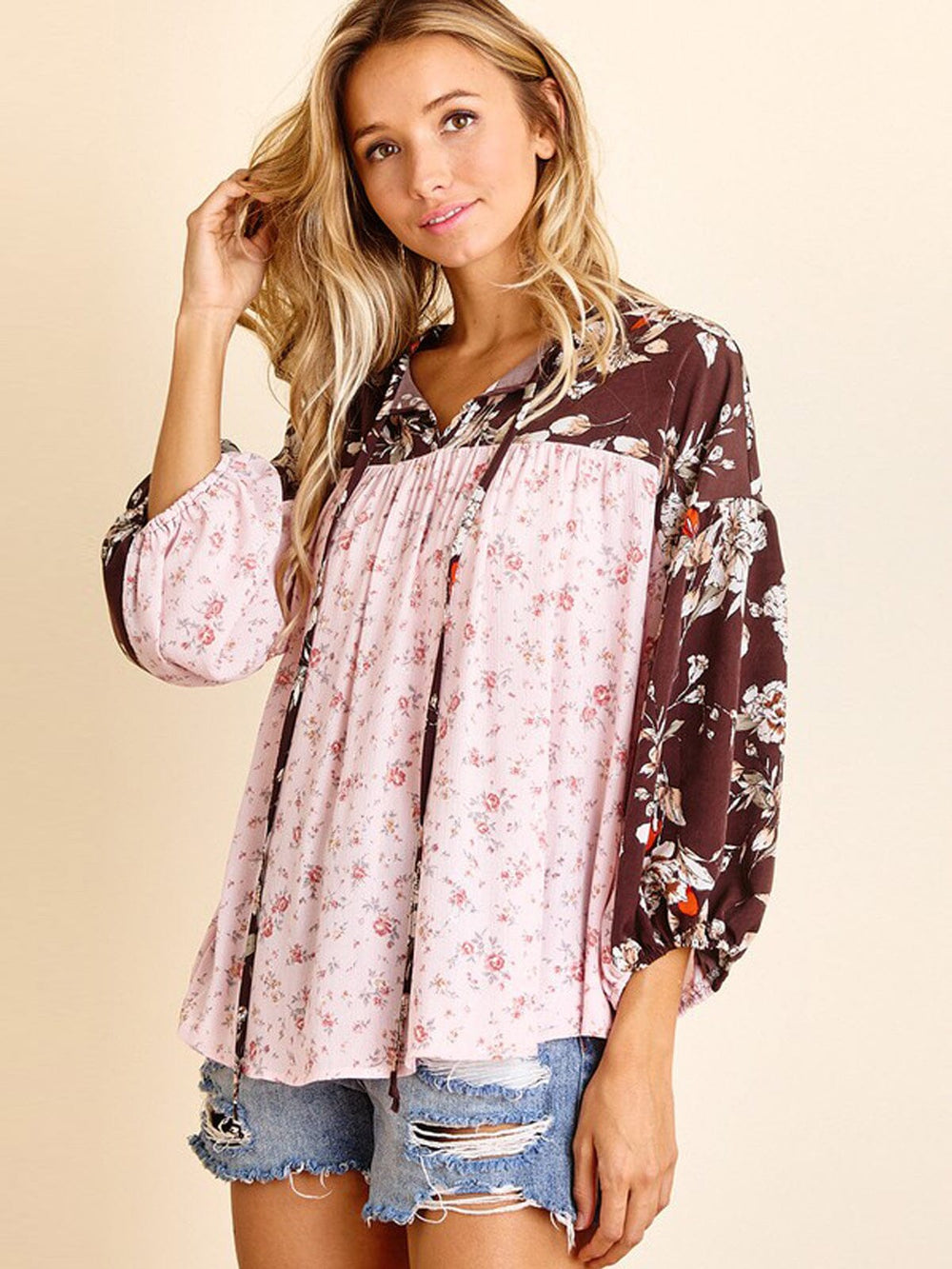 WOMEN'S LONG SLEEVE FRONT TIE FLORAL TUNIC TOP