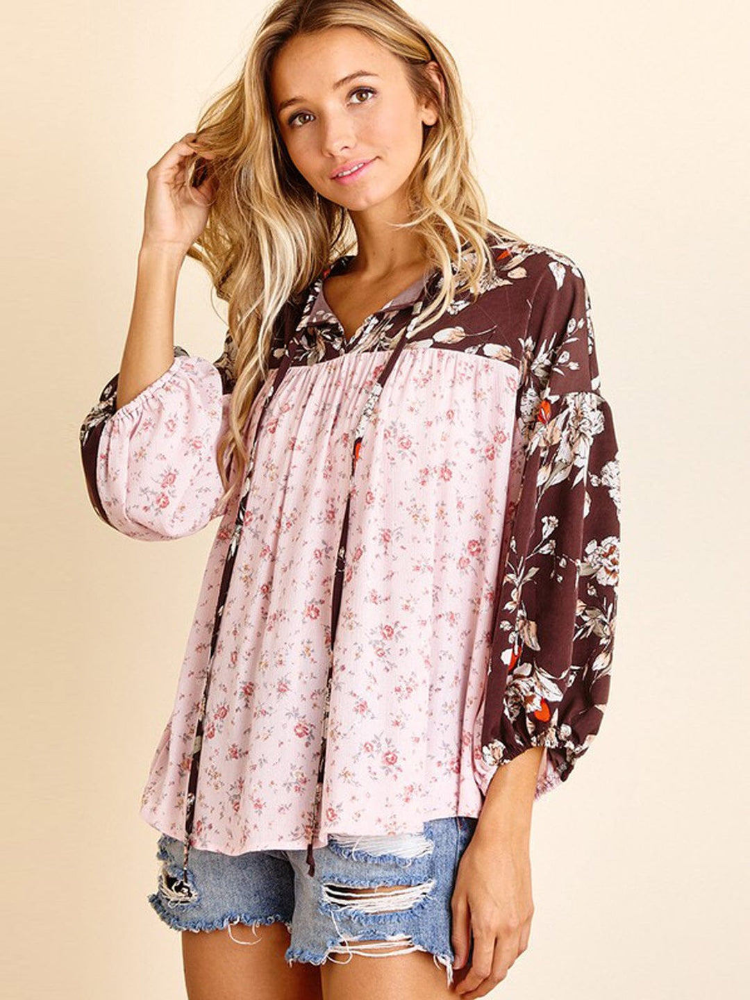 WOMEN'S LONG SLEEVE FRONT TIE FLORAL TUNIC TOP