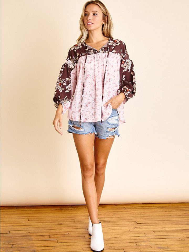 WOMEN'S LONG SLEEVE FRONT TIE FLORAL TUNIC TOP