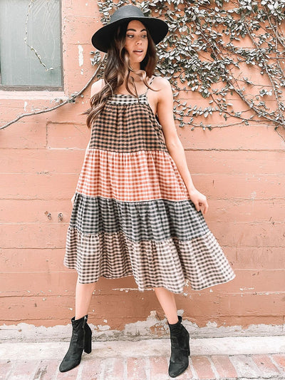WOMEN'S COLOR BLOCK PLAID MIDI DRESS