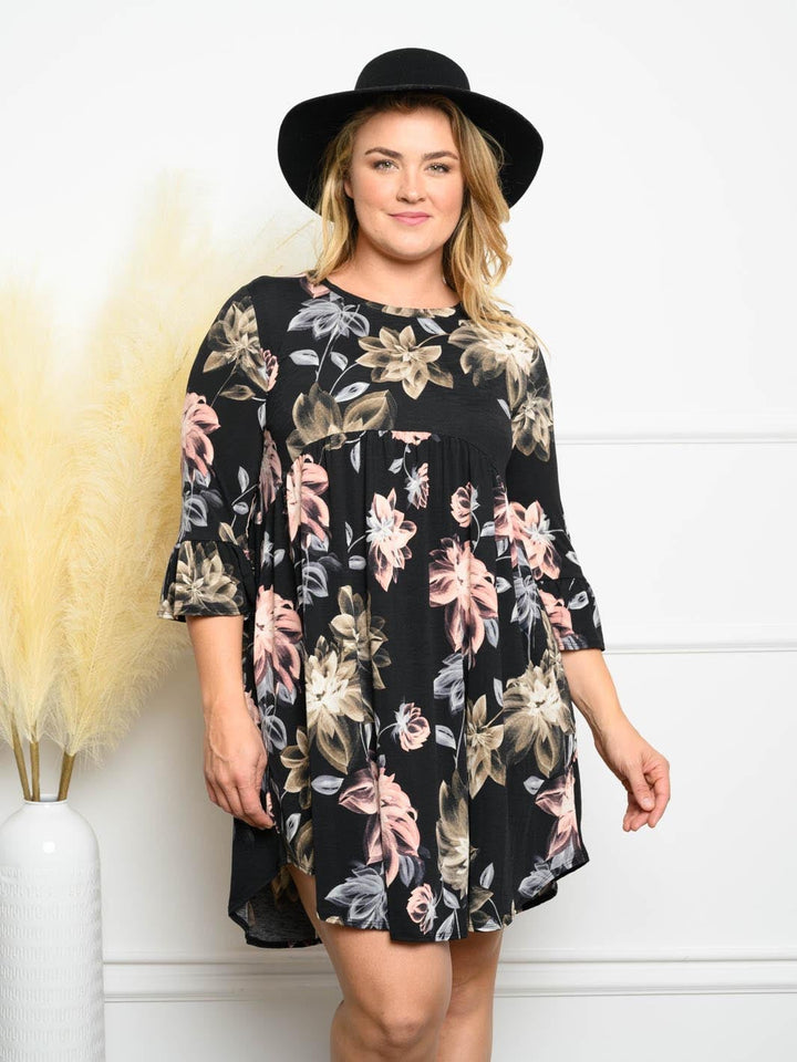 PLUS SIZE BLACK FLORAL MINI DRESS DRESS