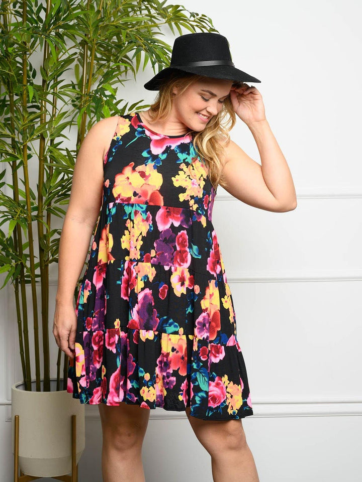 PLUS SIZE FLORAL SLEEVELESS TUNIC MINI DRESS