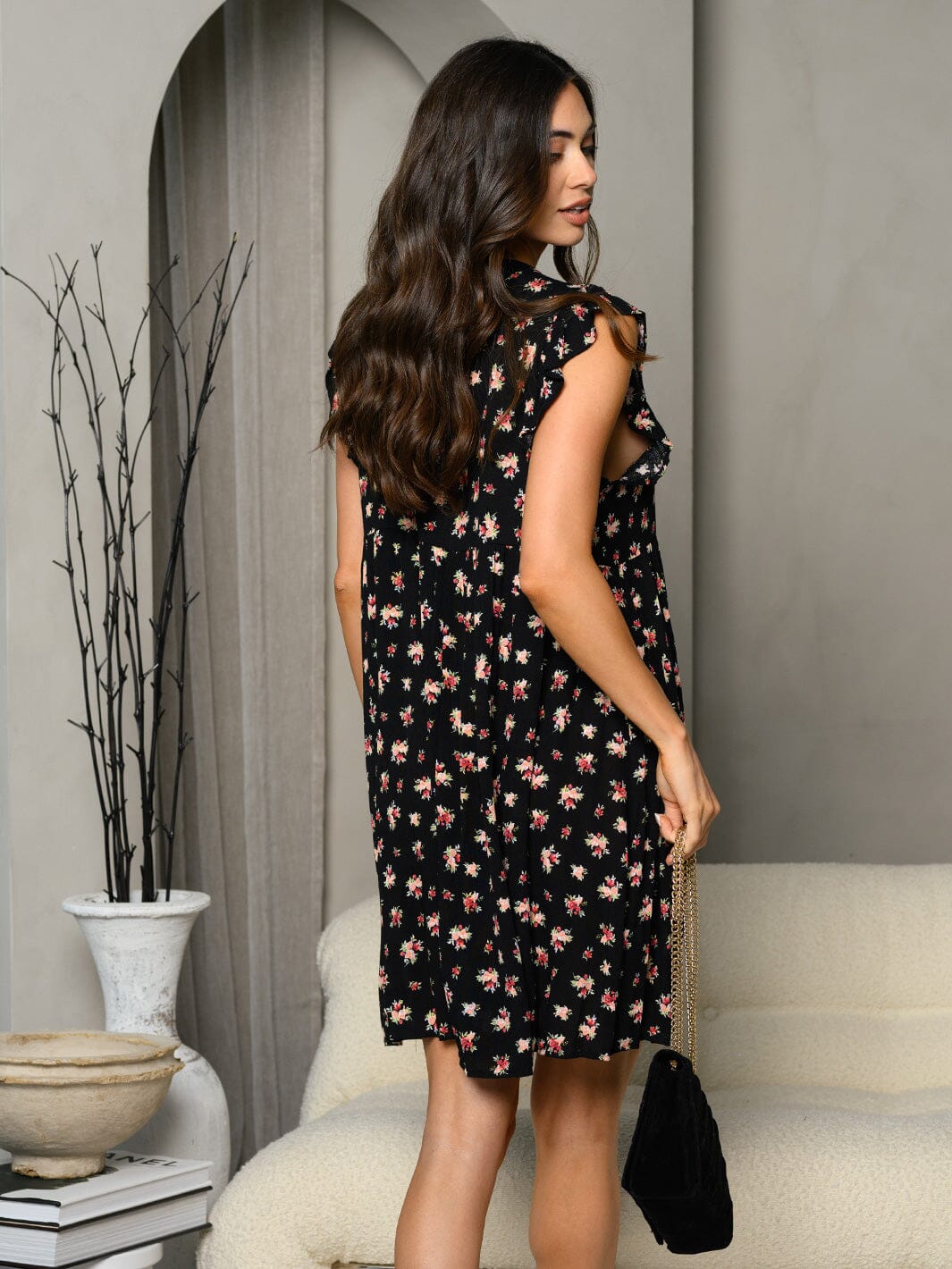 WOMEN'S RUFFLE SLEEVE FRONT TIE FLORAL MINI DRESS